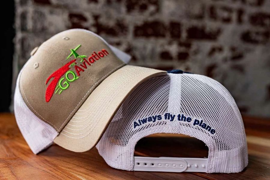 GQ Aviation Heritage trucker hat with 'Always fly the plane' embroidered on the back strap